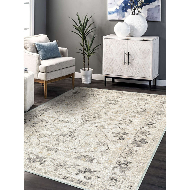 Decorative Area Rug|Machine-Washable Non-Slip Farmhouse Rug|Beige Gray Ethnic Design Rug|Boho Living Room Rug|Multi-Purpose Anti-Slip Carpet
