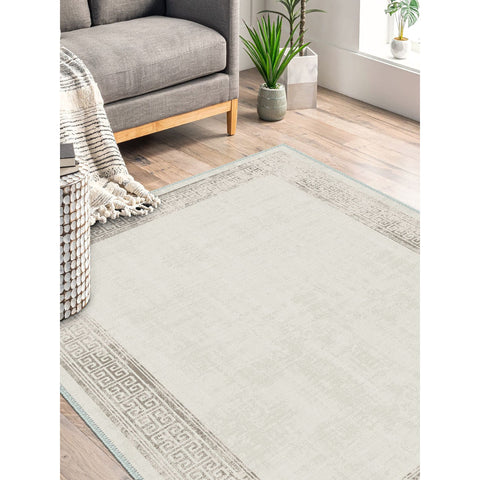 Geometric Beige Rug|Decorative Machine-Washable Non-Slip Rug|Greek Key Bordered Rug|Boho Living Room Decor|Multi-Purpose Anti-Slip Carpet