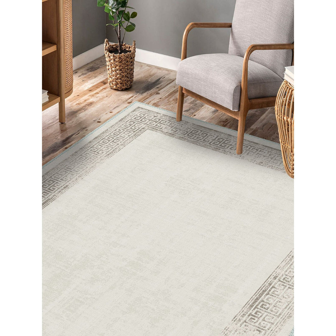 Geometric Beige Rug|Decorative Machine-Washable Non-Slip Rug|Greek Key Bordered Rug|Boho Living Room Decor|Multi-Purpose Anti-Slip Carpet