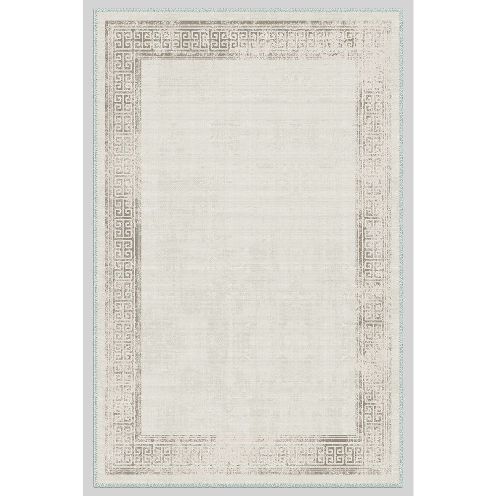 Geometric Beige Rug|Decorative Machine-Washable Non-Slip Rug|Greek Key Bordered Rug|Boho Living Room Decor|Multi-Purpose Anti-Slip Carpet