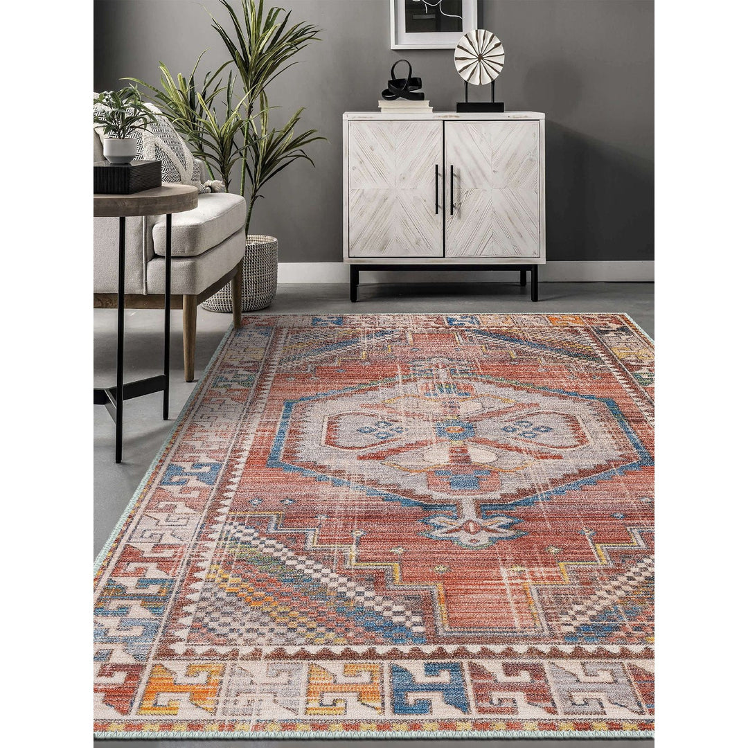 Turkish Area Rug|Ethnic Design Carpet|Vintage Looking Machine-Washable Non-Slip Rug|Traditional Anatolian Multi-Purpose Anti-Slip Carpet