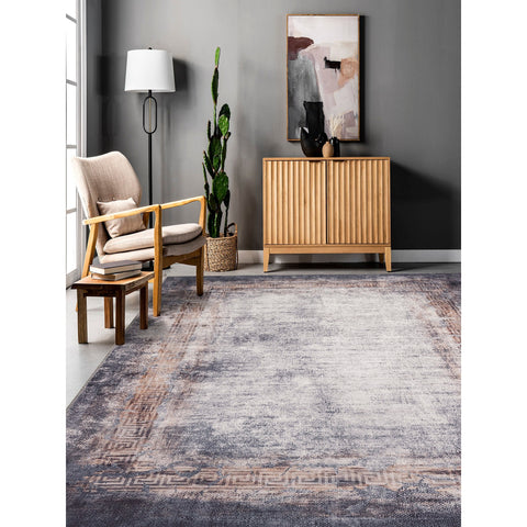 Abstract Gray Rug|Decorative Machine-Washable Non-Slip Rug|Greek Key Bordered Rug|Boho Living Room Decor|Multi-Purpose Anti-Slip Carpet