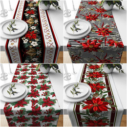 Christmas Table Runner|Winter Trend Tablecloth|Red Poinsettia and Berries Home Decor|Striped Floral Print Runner|Farmhouse Xmas Tabletop