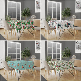 Winter Tablecloth|Bird Print Tabletop|Pine Tree Needles Red Berries Print Xmas Kitchen Decor|Housewarming Farmhouse Christmas Table Cover