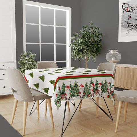 Winter Tablecloth|Snow Print Tabletop|Pine Tree and House Xmas Kitchen Decor|Housewarming Farmhouse Christmas Table Cover with Xmas Tree