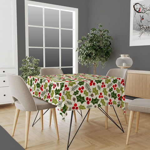 Winter Tablecloth|Red Berries Tabletop|Green Leaves Xmas Kitchen Decor|Xmas Bell Tabletop|Housewarming Farmhouse Style Christmas Table Cover