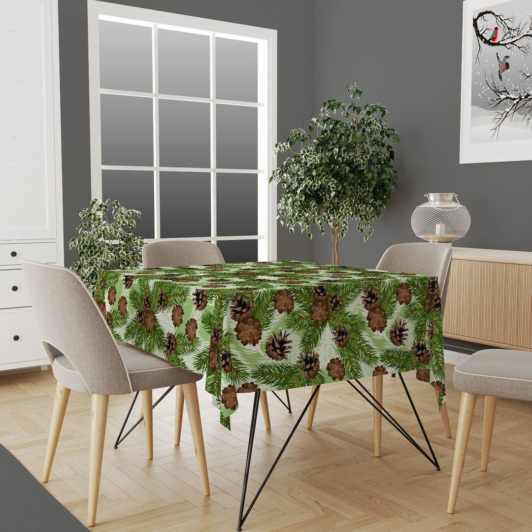 Winter Tablecloth|Pine Cone Tabletop|Pine Tree Needles Red Berries Print Xmas Kitchen Decor|Housewarming Farmhouse Christmas Table Cover