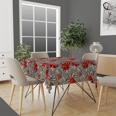 Christmas Tablecloth|Red Poinsettia Tabletop|Red Berries Xmas Kitchen Decor|Housewarming Outdoor Table Cover|Farmhouse Christmas Table Cover