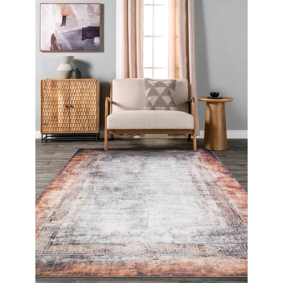 Abstract Area Rug|Decorative Machine-Washable Non-Slip Rug|Greek Key Bordered Rug|Boho Living Room Decor|Multi-Purpose Anti-Slip Carpet