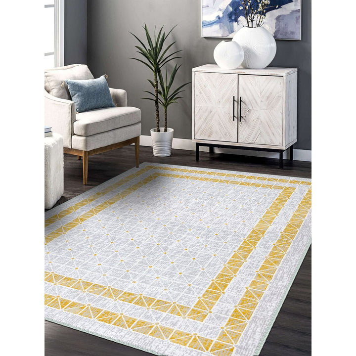 Decorative Geometric Yellow Bordered White Rug