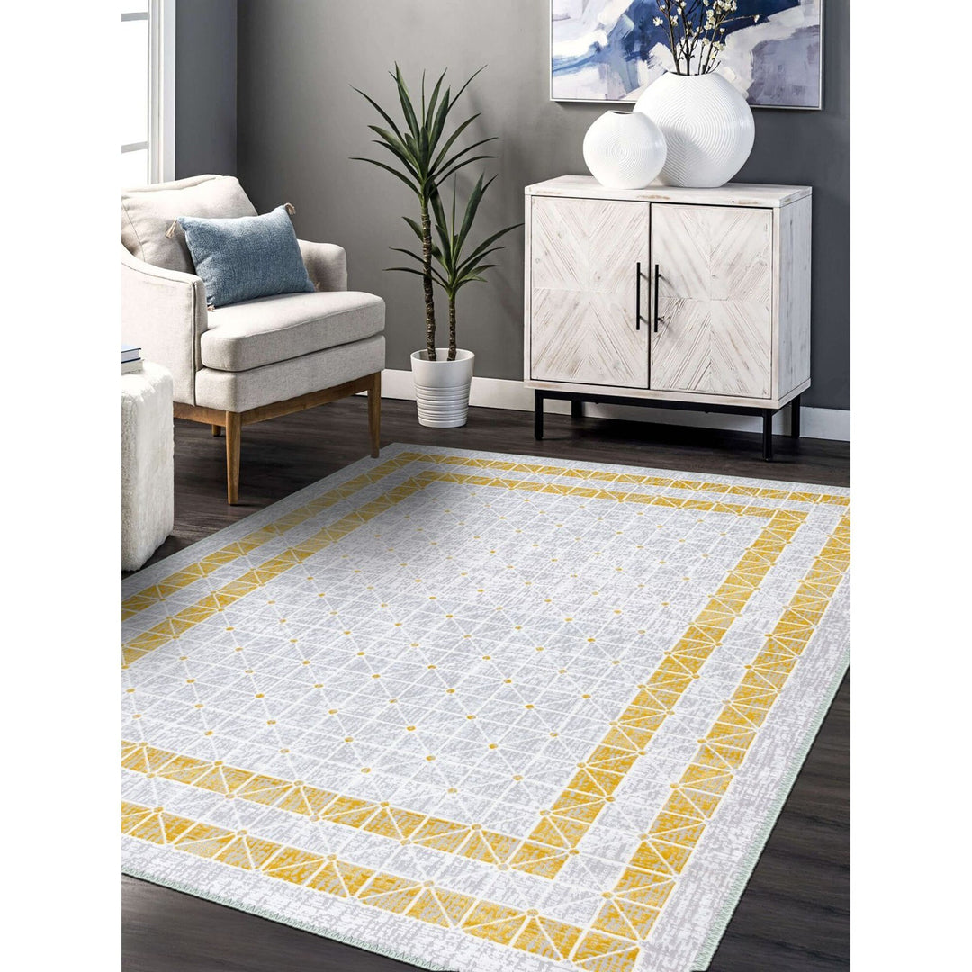 Decorative Geometric Yellow Bordered White Rug