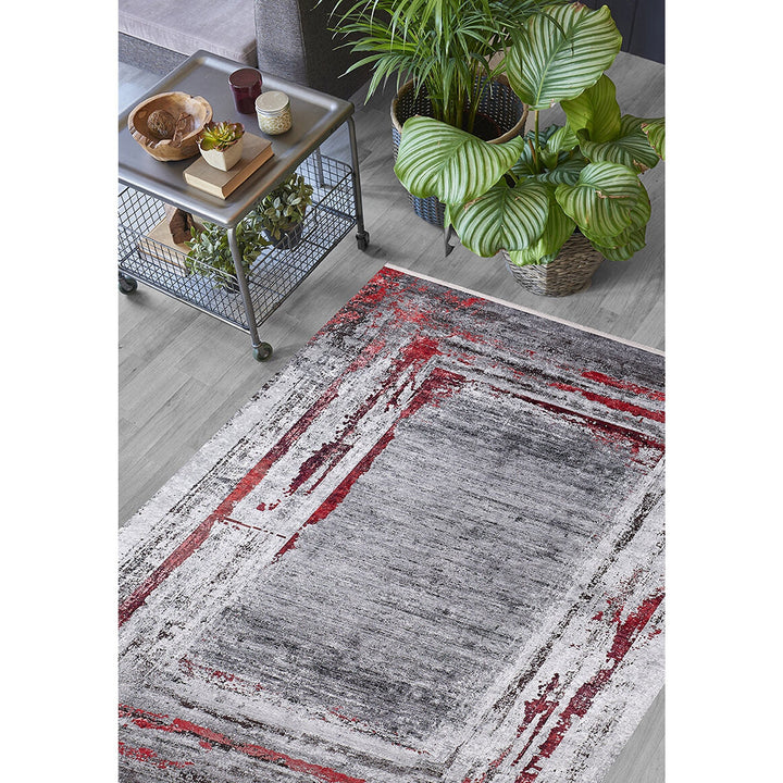 Abstract Design Rug|Machine-Washable Non-Slip Rug|Boho Gray Red Carpet|Housewarming Worn Looking Area Rug|Multi-Purpose Anti-Slip Carpet
