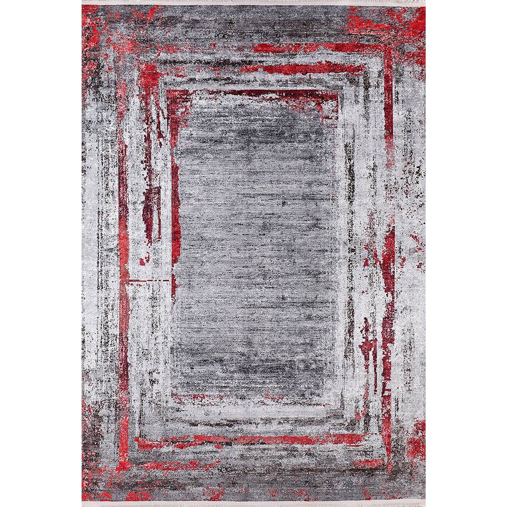 Abstract Design Rug|Machine-Washable Non-Slip Rug|Boho Gray Red Carpet|Housewarming Worn Looking Area Rug|Multi-Purpose Anti-Slip Carpet