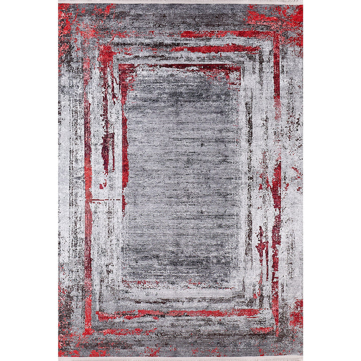 Abstract Design Rug|Machine-Washable Non-Slip Rug|Boho Gray Red Carpet|Housewarming Worn Looking Area Rug|Multi-Purpose Anti-Slip Carpet
