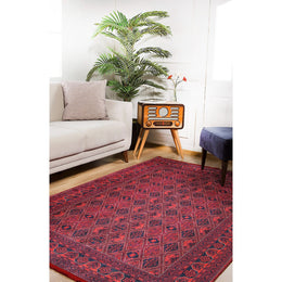 Red Afghan Rug|Ethnic Pattern Machine-Washable Non-Slip Rug|Oriental Washable Carpet|Diamond Pattern Area Rug|Multi-Purpose Anti-Slip Carpet