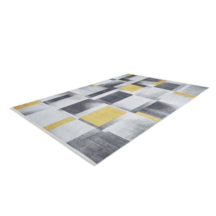 Gray Yellow Area Rug|Machine-Washable Non-Slip Rug|Boho Washable Carpet|Housewarming Abstract Shapes Area Rug|Multi-Purpose Anti-Slip Carpet