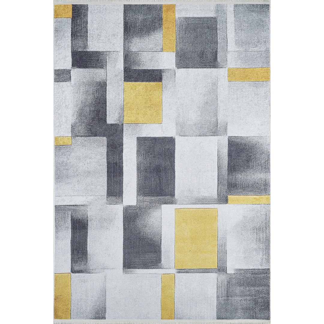 Gray Yellow Area Rug|Machine-Washable Non-Slip Rug|Boho Washable Carpet|Housewarming Abstract Shapes Area Rug|Multi-Purpose Anti-Slip Carpet