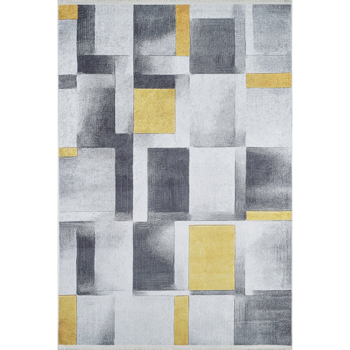 Gray Yellow Area Rug|Machine-Washable Non-Slip Rug|Boho Washable Carpet|Housewarming Abstract Shapes Area Rug|Multi-Purpose Anti-Slip Carpet