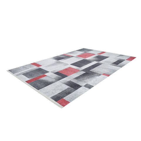 Gray Red Area Rug|Machine-Washable Non-Slip Rug|Boho Washable Carpet|Housewarming Abstract Shapes Area Rug|Multi-Purpose Anti-Slip Carpet
