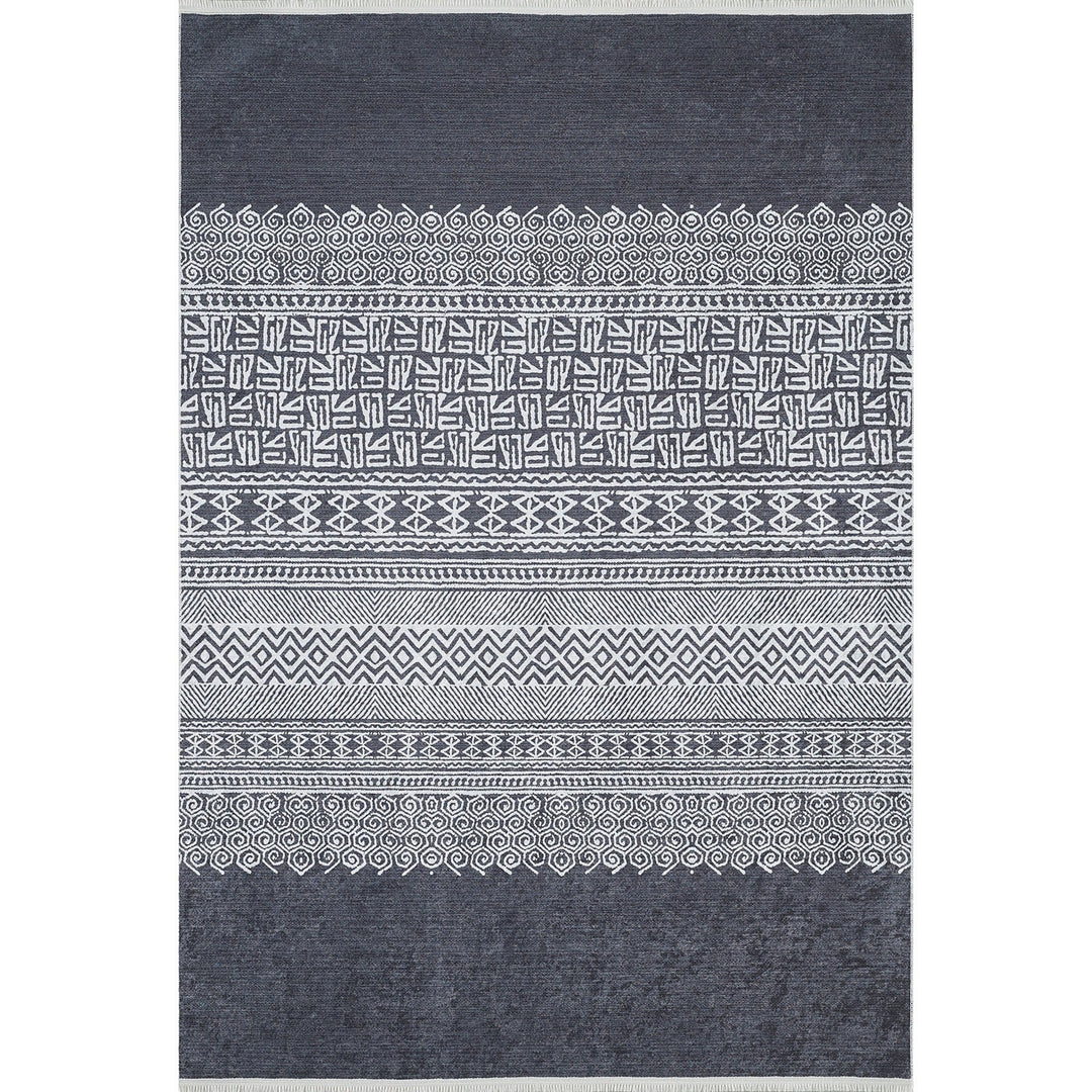 Ethnic Geometric Rug|Machine-Washable Black Gray Non-Slip Rug|Boho Design Washable Carpet|Decorative Area Rug|Multi-Purpose Anti-Slip Carpet