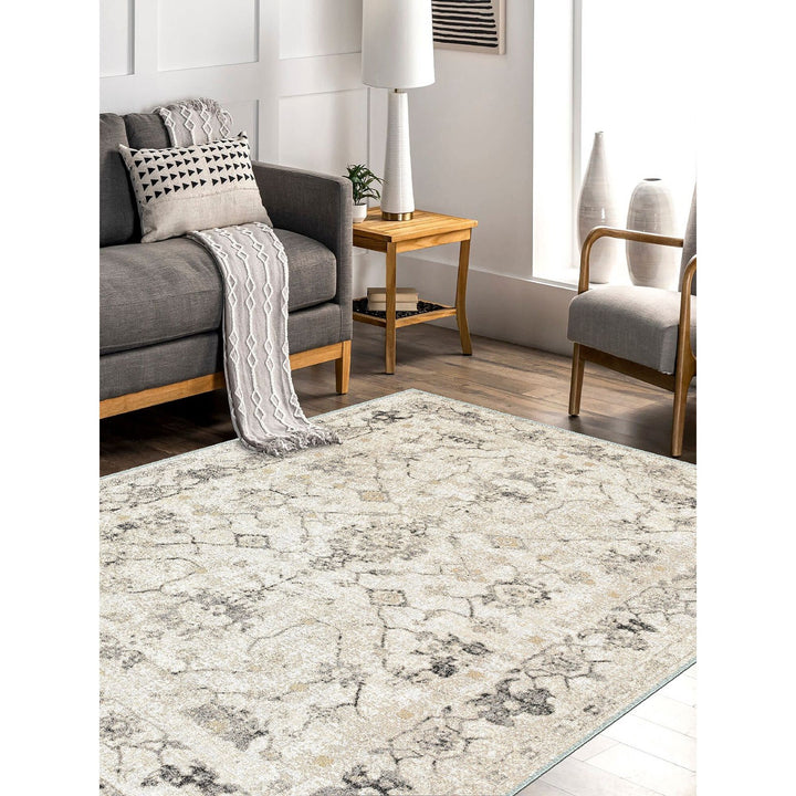 Decorative Area Rug|Machine-Washable Non-Slip Farmhouse Rug|Beige Gray Ethnic Design Rug|Boho Living Room Rug|Multi-Purpose Anti-Slip Carpet
