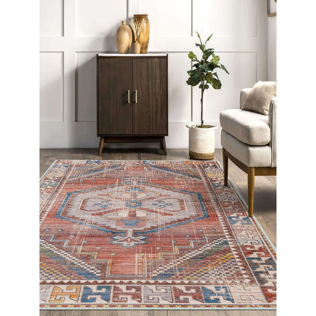 Turkish Area Rug|Ethnic Design Carpet|Vintage Looking Machine-Washable Non-Slip Rug|Traditional Anatolian Multi-Purpose Anti-Slip Carpet