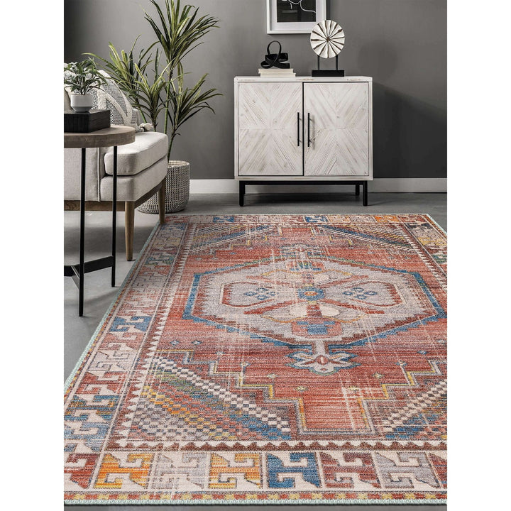 Turkish Area Rug|Ethnic Design Carpet|Vintage Looking Machine-Washable Non-Slip Rug|Traditional Anatolian Multi-Purpose Anti-Slip Carpet