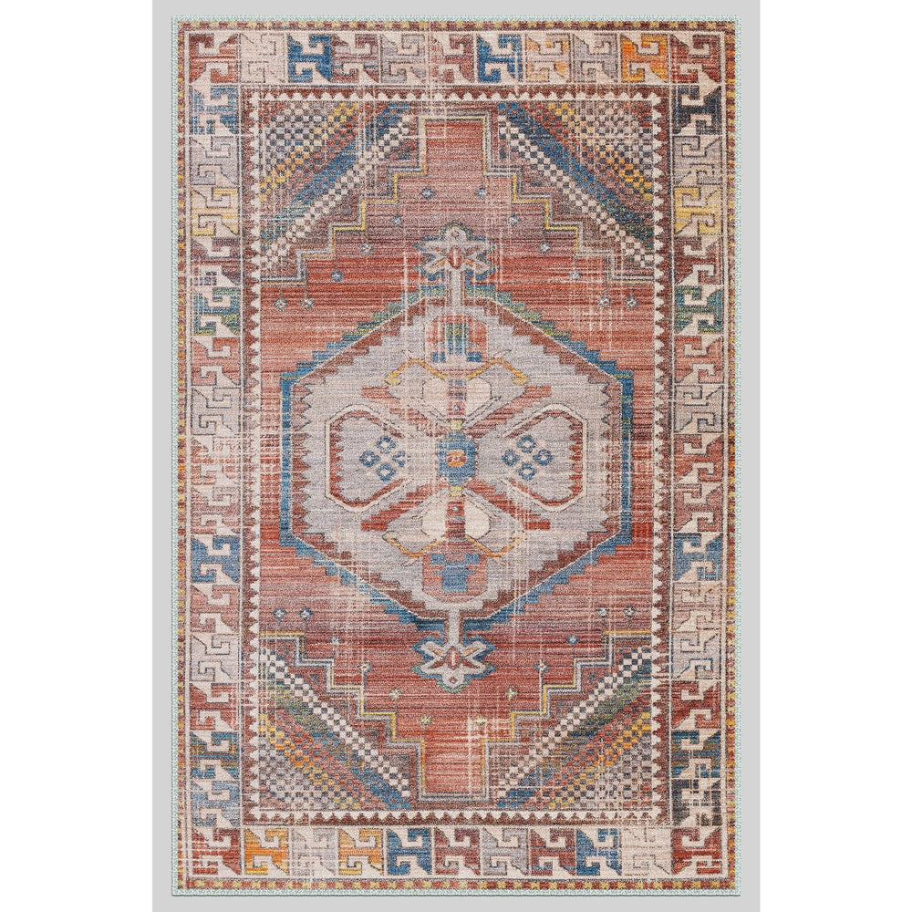 Turkish Area Rug|Ethnic Design Carpet|Vintage Looking Machine-Washable Non-Slip Rug|Traditional Anatolian Multi-Purpose Anti-Slip Carpet