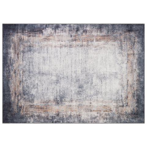 Abstract Gray Rug|Decorative Machine-Washable Non-Slip Rug|Greek Key Bordered Rug|Boho Living Room Decor|Multi-Purpose Anti-Slip Carpet