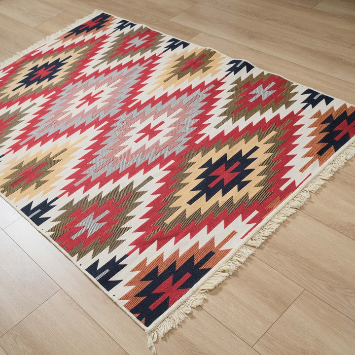 Turkish Kilim Rug|Machine-Washable Double Sided Soft Rug|Colorful Rug Design Carpet|Geometric Multi-Purpose Reversible Living Room Carpet