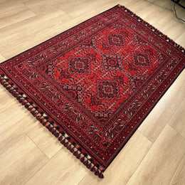 Afghan Pattern Rug|Classic Red Afghan Carpet|Machine-Washable Ethnic Area Rug|Farmhouse Style Multi-Purpose Carpet|Non-Slip Living Room Rug