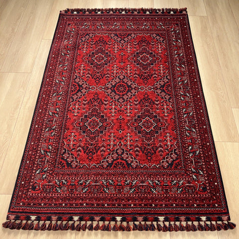 Afghan Pattern Rug|Classic Red Afghan Carpet|Machine-Washable Ethnic Area Rug|Farmhouse Style Multi-Purpose Carpet|Non-Slip Living Room Rug
