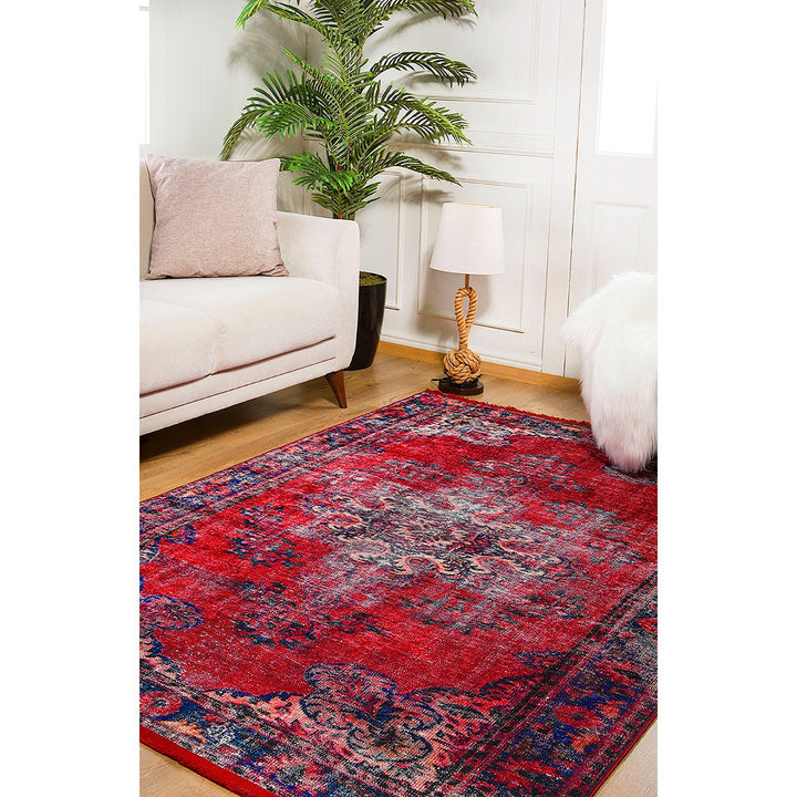Vintage Style Rug|Ethnic Anatolian Design Washable Carpet|Machine-Washable Non-Slip Rug|Rustic Worn Looking Multi-Purpose Anti-Slip Carpet