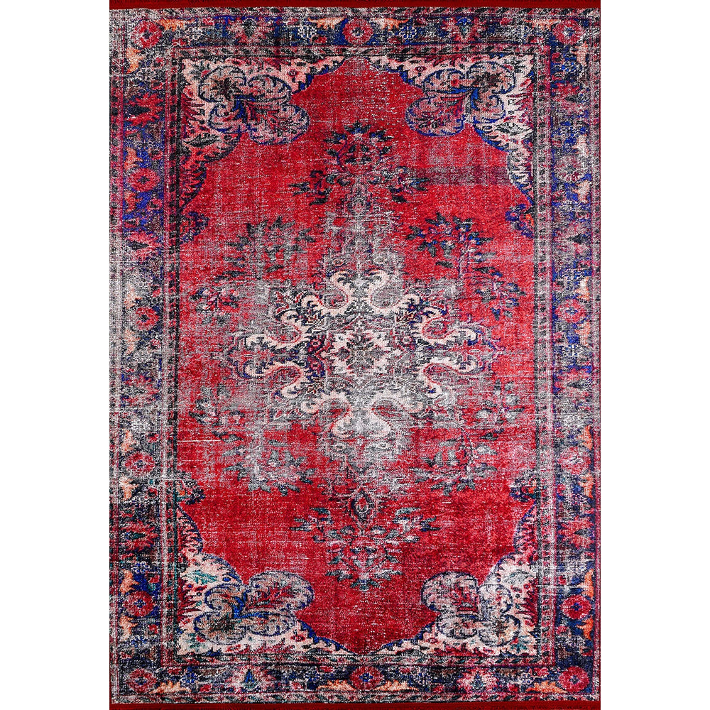Vintage Style Rug|Ethnic Anatolian Design Washable Carpet|Machine-Washable Non-Slip Rug|Rustic Worn Looking Multi-Purpose Anti-Slip Carpet