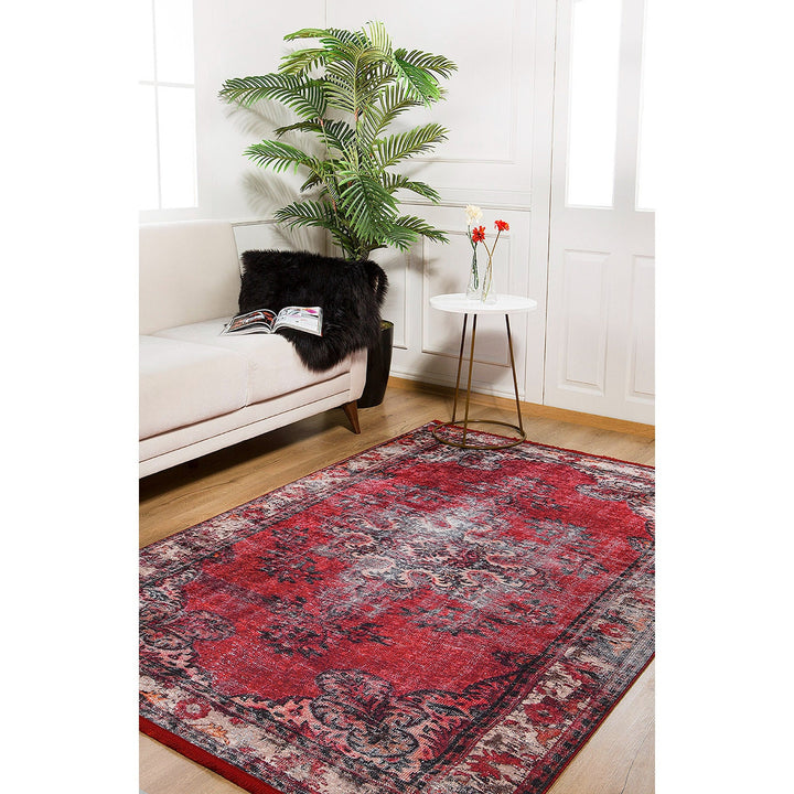 Vintage Style Rug|Ethnic Anatolian Design Washable Carpet|Machine-Washable Non-Slip Rug|Rustic Worn Looking Multi-Purpose Anti-Slip Carpet