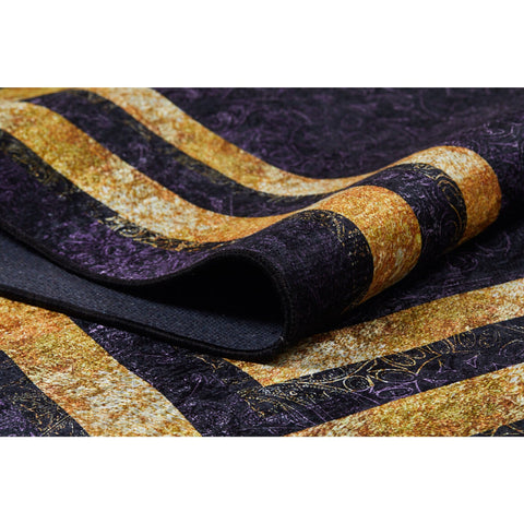 Bordered Purple Rug|Machine-Washable Gold Bordered Non-Slip Rug|Geometric Washable Carpet|Decorative Area Rug|Multi-Purpose Anti-Slip Carpet