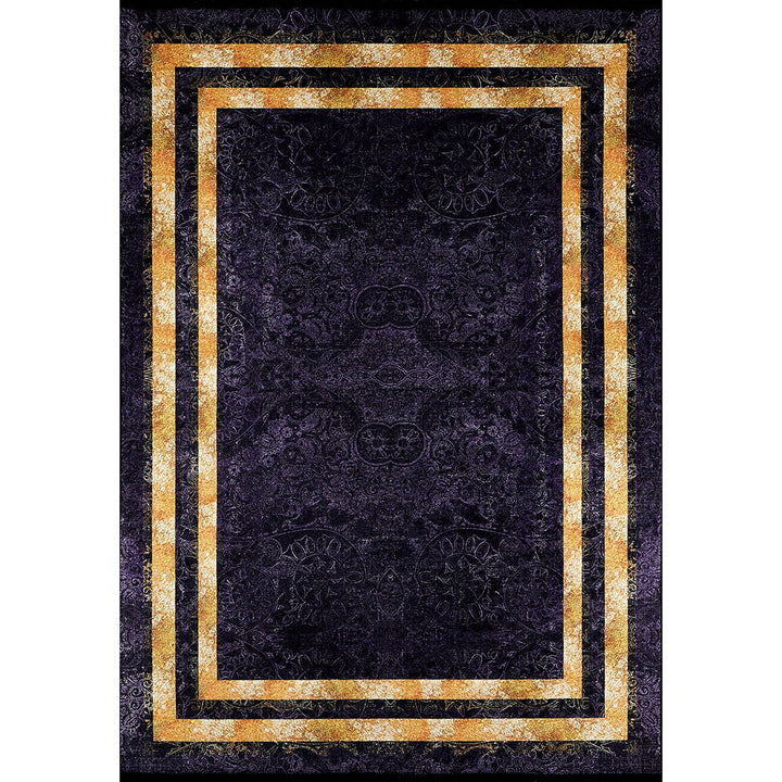 Bordered Purple Rug|Machine-Washable Gold Bordered Non-Slip Rug|Geometric Washable Carpet|Decorative Area Rug|Multi-Purpose Anti-Slip Carpet