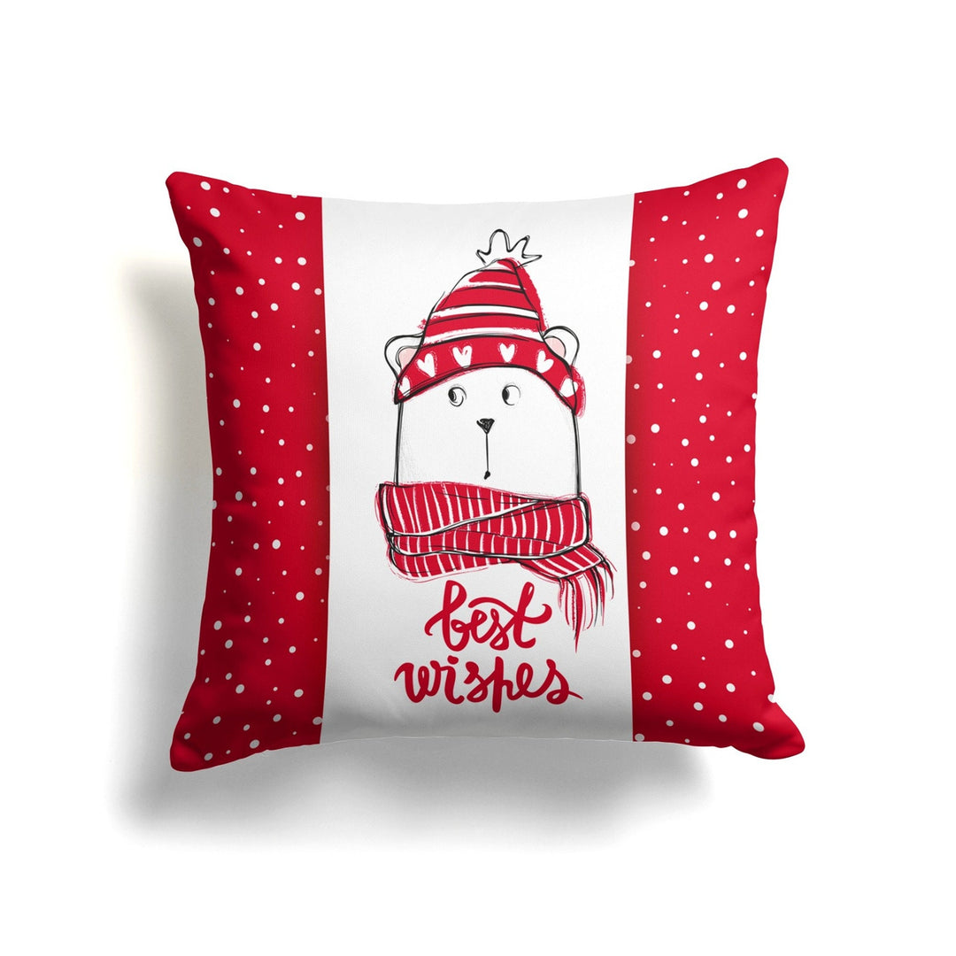Winter Pillow Case|Cute Cat and Bear with Hat Throw Pillowtop|Happy Holidays and Best Wishes Print Cushion|Decorative Farmhouse Style Pillow