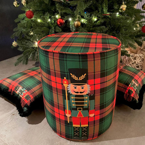 Christmas Round Pouf|Wooden Frame Pouf Chair|Plaid Nutcracker Print Footstool|Suede Circle Seat|Ottoman Chair Stool|Winter Home Office Decor