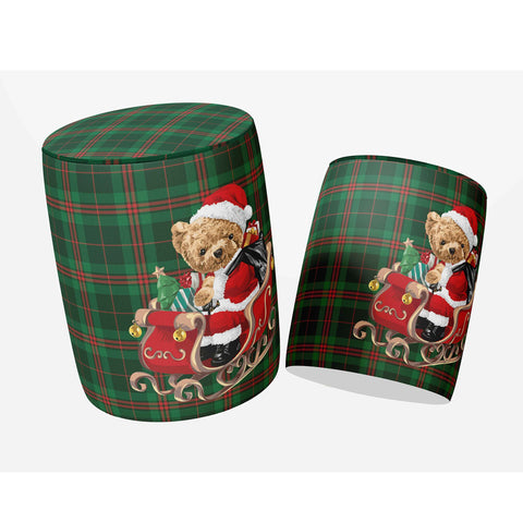Christmas Round Pouf|Wooden Frame Pouf Chair|Buffalo Plaid Santa Bear Footstool|Suede Circle Seat|Ottoman Chair Stool|Winter Home Decor