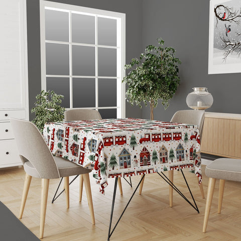 Winter Tablecloth|Snow Print Tabletop|Pine Tree and House Xmas Kitchen Decor|Housewarming Farmhouse Christmas Table Cover with Xmas Tree