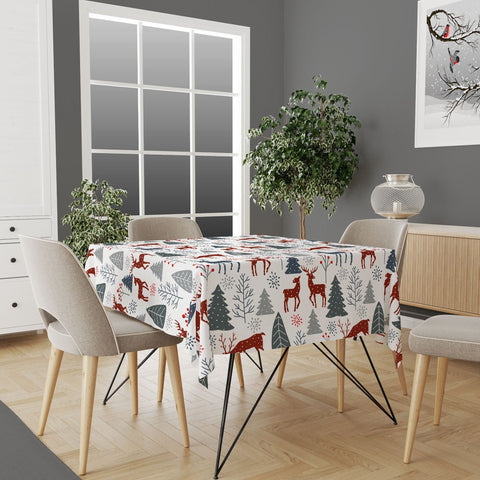Christmas Tablecloth|Xmas Deer Tabletop|Pine Tree Print Kitchen Decor|Housewarming Outdoor Table Cover|Farmhouse Style Christmas Table Cover