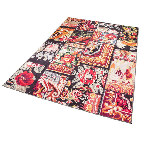 Floral Patchwork Rug|Machine-Washable Non-Slip Rug|Floral Kilim Carpet|Traditional Multi-Purpose Anti-Slip Carpet|Decorative Flower Rug
