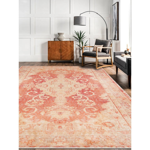 Vintage Looking Rug|Machine-Washable Non-Slip Rug|Orange Worn Looking Brown Kilim Carpet|Traditional Style Multi-Purpose Anti-Slip Carpet