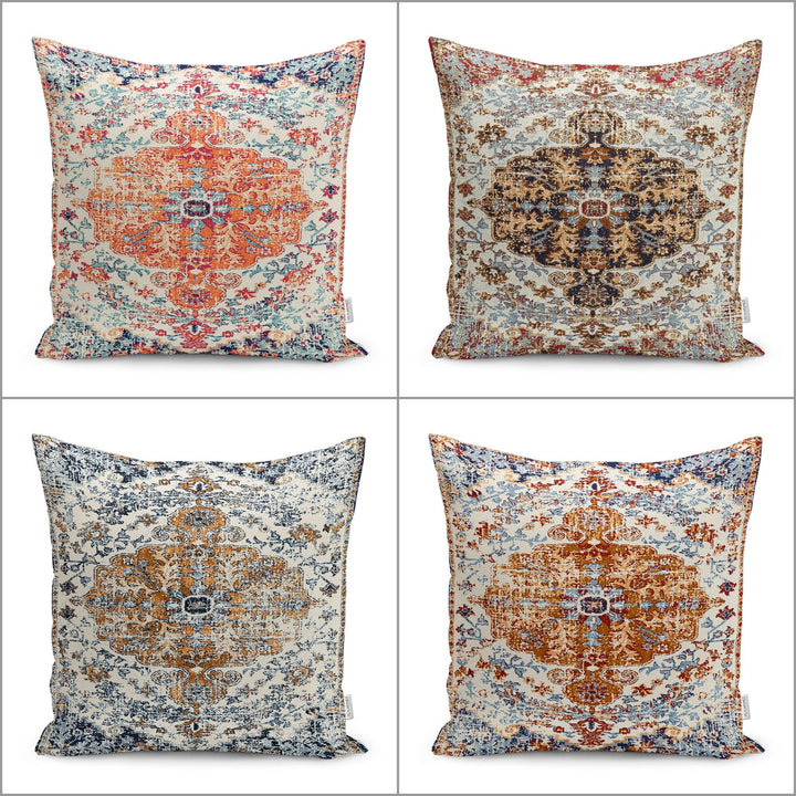 Worn Looking Pillow Case|Kilim Pattern Pillow Cover|Rug Design Cushion Case|Ethnic Home Decor|Farmhouse Style Geometric Outdoor Pillowtop