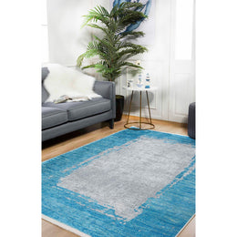Abstract Blue Rug|Machine-Washable Rug|Art Deco Non-Slip Carpet|Blue Bordered Gray Carpet|Decorative Area Rug|Multi-Purpose Anti-Slip Rug