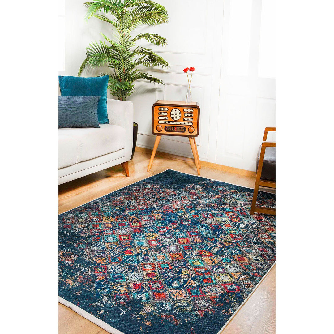 Worn Looking Rug|Machine-Washable Non-Slip Rug|Ethnic Multicolor Vintage Style Washable Carpet|Traditional Multi-Purpose Anti-Slip Carpet