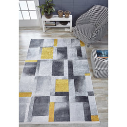 Gray Yellow Area Rug|Machine-Washable Non-Slip Rug|Boho Washable Carpet|Housewarming Abstract Shapes Area Rug|Multi-Purpose Anti-Slip Carpet