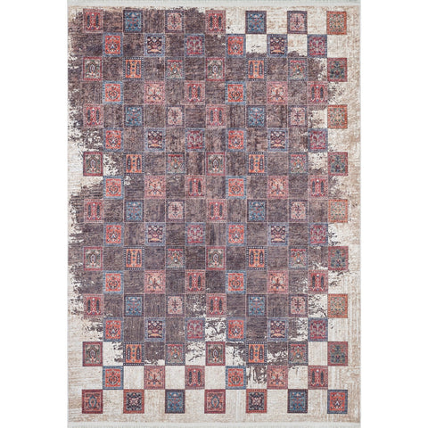 Abstract Ethnic Rug|Machine-Washable Non-Slip Rug|Farmhouse Boho Washable Carpet|Geometric Rug with Squares|Multi-Purpose Anti-Slip Carpet