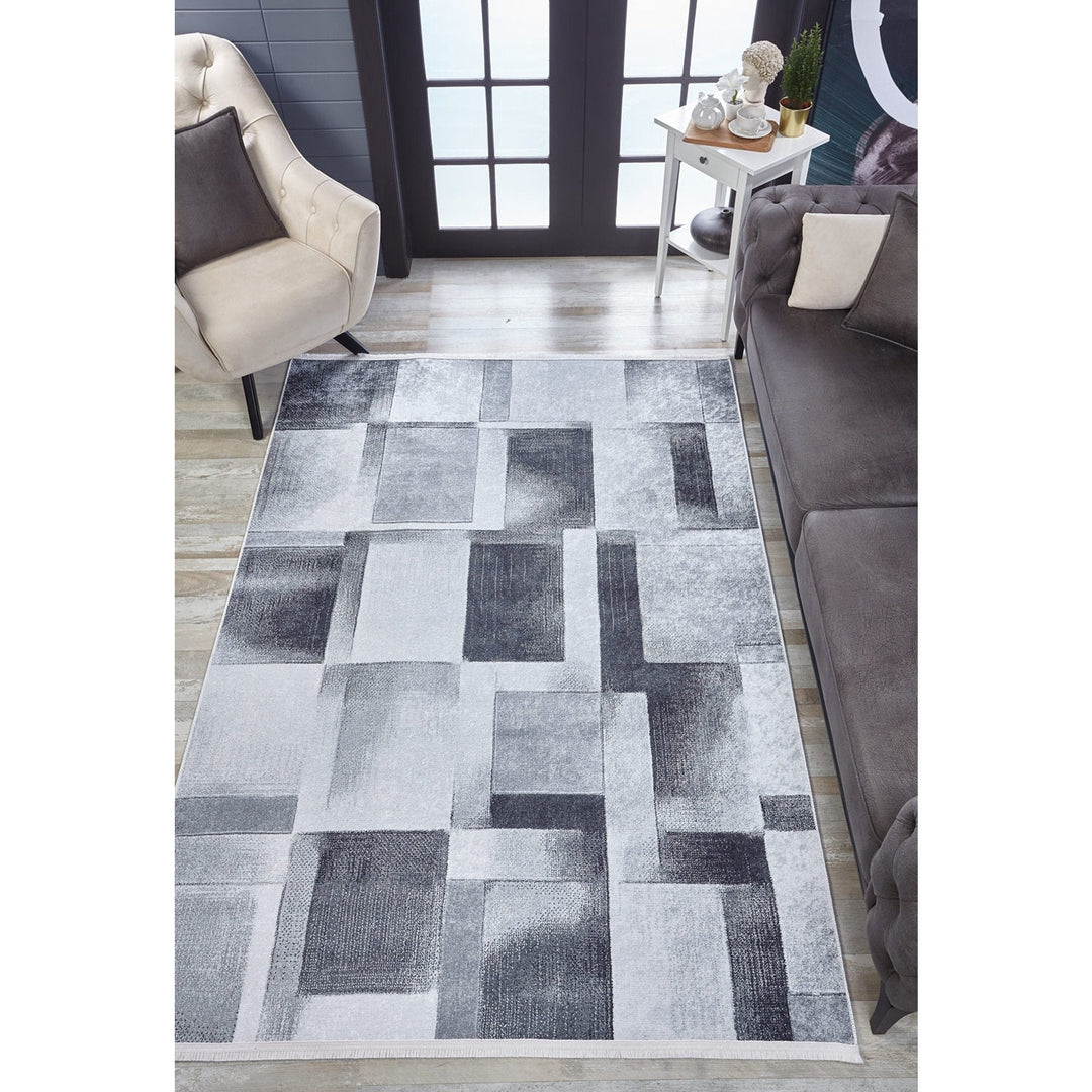 Gray Beige Area Rug|Machine-Washable Non-Slip Rug|Boho Washable Carpet|Housewarming Abstract Shapes Area Rug|Multi-Purpose Anti-Slip Carpet